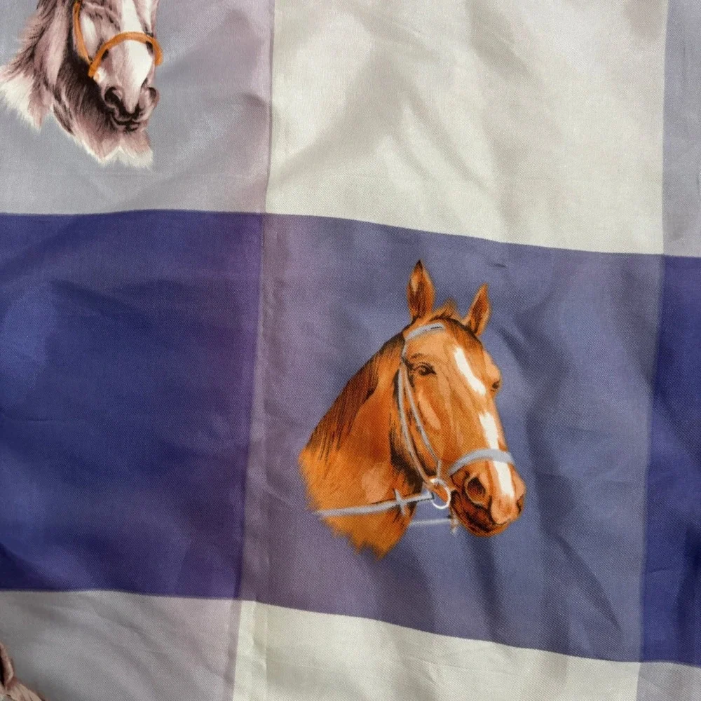 Vintage Horse Scarf Blue‎ White Plaid Equestrian Satin Square Neck Scarf Art SEE